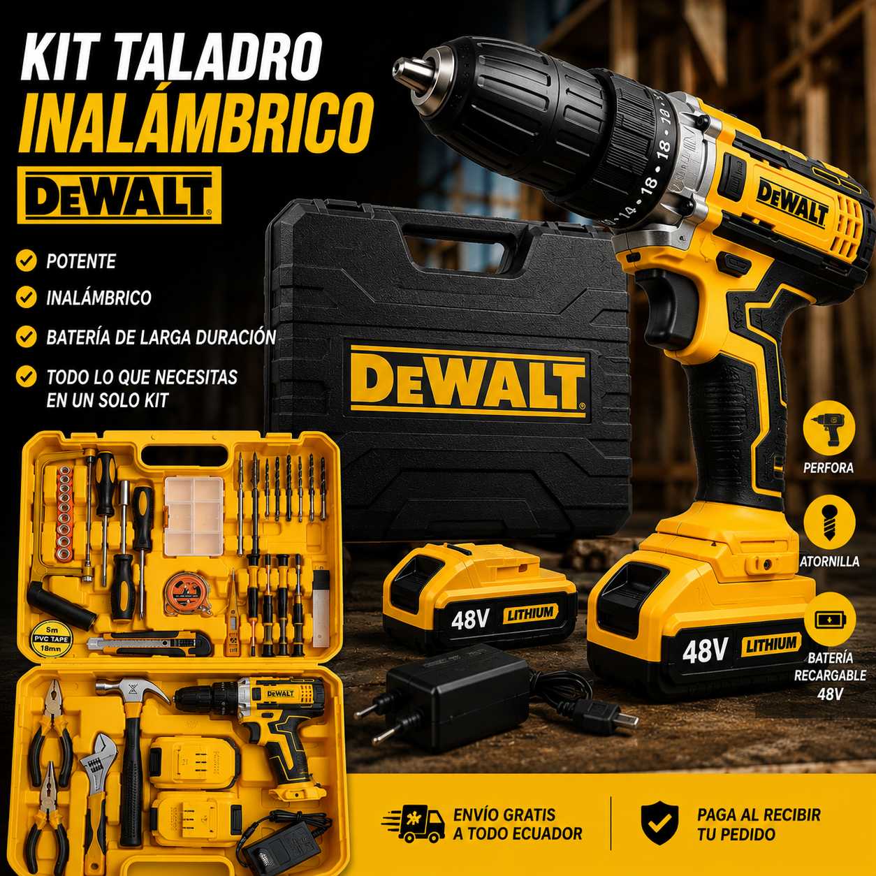 KIT TALADRO INALÁMBRICO DEWALT CON MALETÍN Y ACCESORIOS 🔥
